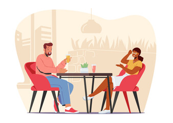 Young People Visit Cafe and Hospitality Concept. Male and Female Characters Sitting at Tables Drinking Beverages, Chat
