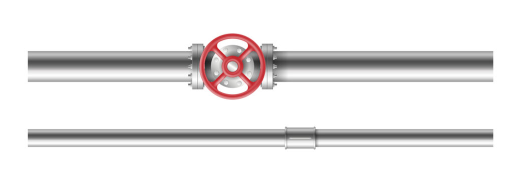 Pipe with valve ball, fittings and realistic piping system. Industrial faucet for water, oil, gas
