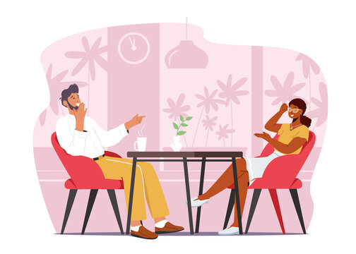 Man and Woman Couple Having Conversation in Coffee House. People Visit Cafe Sit at Table Drink Beverages in Restaurant