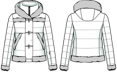 Quilt dawn feather jacket with fur hood trim technical illustration. Editable outwear flat fashion sketch