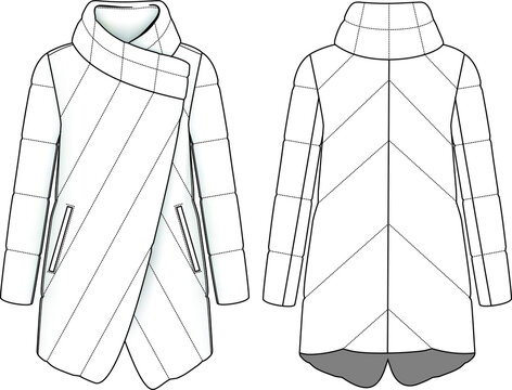 Fashion quilt dawn feather jacket coart technical illustration. Editable outwear flat fashion sketch