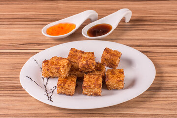tapioca dice on wooden background