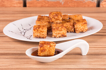 tapioca dice on wooden background