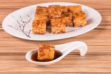 tapioca dice on wooden background