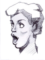 Surprised woman. The woman screams.
Ink drawing.