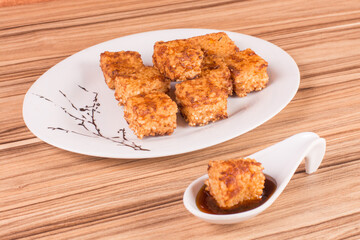 tapioca dice on wooden background