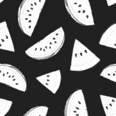 Watermelon seamless pattern. Hand drawn watermelon slice. Vector illustration. Vintage illustration.