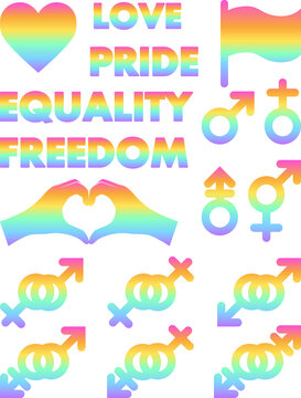 LGBT icons love pride equality liberty freedom heart gey lesbian bisexual transgender homosexual signes rainbow flag
