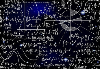 Astronomical scientific vector seamless pattern with handwritten math formulas, equations and figures over the starry sky	
