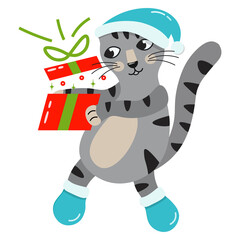 Cute blue tiger cub - kitten in a New Year's hat and boots with a Christmas present. Water blue tiger symbol of 2022. Funny new year character for postcards, calendar, print, web. Vector.