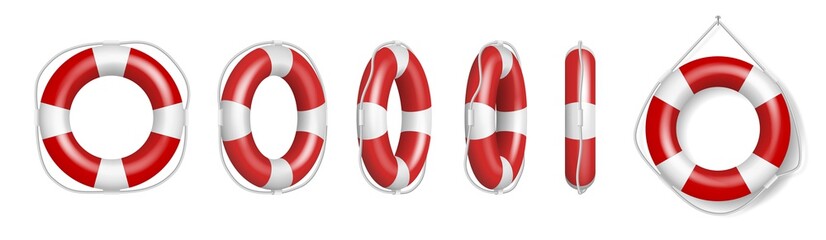 Set of red life buoys. Rescue belts, inflatable rubbers lifebuoys ring with rope for help and safety - obrazy, fototapety, plakaty