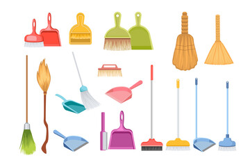 Set of Different Cleaning Household Tools Broom, Scoop, Dustpans and Brushes for Cleanup. Manual Domestic Supplies - obrazy, fototapety, plakaty