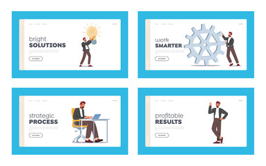 Businessman Character Routine Landing Page Template Set. Office Worker Lifestyle and Activity. Business Man with Bulb