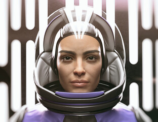 Woman astronaut with red space suit and helmet - 3d rendering © hutangach