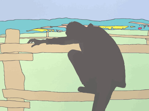Silhouette Mann am Zaun vor Feldern, Illustration