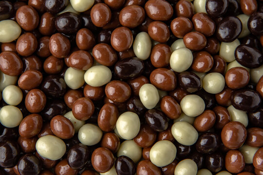 Candies. Assorted hazelnuts in dark, milk and white chocolate. Desserts for candy bars. Small dragees
