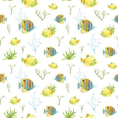 Watercolor seamless pattern with exotic fish and corals.