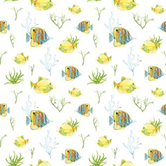 Naklejka premium Watercolor seamless pattern with exotic fish and corals.