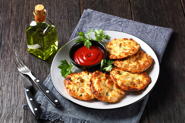 Cheesy Chicken Fritters on a plate, top view
