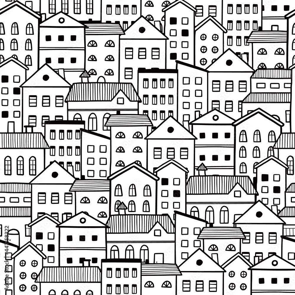 Sticker house pattern. doodle sketch style seamless background. hand drawn home with roof vector illustratio