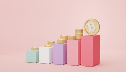 3d render bar graph and stack of bitcoins and gold in saving money for goal Concept. Minimal pastel scene. Growth financial model. Defi crypto concept. Investment management
