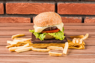hamburger on wooden background