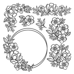 BUTTERCUP SET Floral Monochrome Collection With Flower Ring From Buttercup And Rose Wreaths And Bouquets For Print Cartoon Cliparts Vector illustration Set