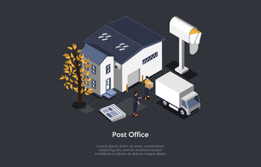 Post Office Building, Mailing And Product Transportation Service Concept. House, Lorry, Worker With Cardboard Box And Customer Standing. Vector Illustration. Cartoon 3D Style. Isometric Composition.