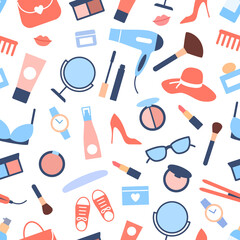 Women accessories seamless pattern. Color beautiful fashion objects lipstick shoes clothing cosmetics glasses background wrapping paper wallpaper fabric design. Top view. Flat vector illustration