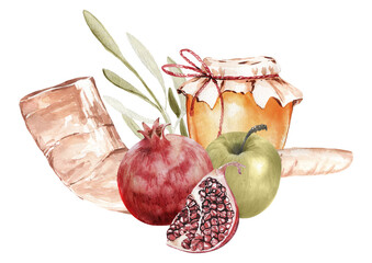 Jewish new year Rosh Hashanah greeting card design with honey, pomegranate and apples. Jewish New year celebration. Watercolor honey jar and fruits. Shana tova greeting card template.  - 447160736