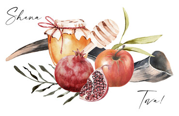 Jewish new year Rosh Hashanah greeting card design with honey, pomegranate and apples. Jewish New year celebration. Watercolor honey jar and fruits. Shana tova greeting card template. 