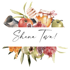 Jewish new year Rosh Hashanah greeting card design with honey, pomegranate and apples. Jewish New year celebration. Watercolor honey jar and fruits. Shana tova greeting card template. 