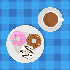 Cup of coffee with donuts. Top view. Tasty dessert with hot beverage. Vector illustration. Flat style