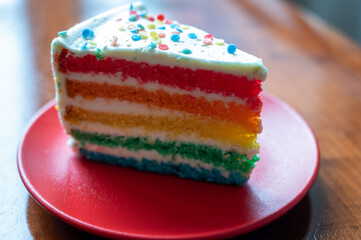 Piece of fresh baked colorful birthday cake