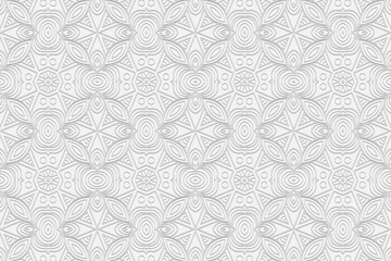 3d volumetric convex embossed geometric white background. Ethnic beautiful oriental, asian, indian pattern with original handmade elements. Doodling technique.