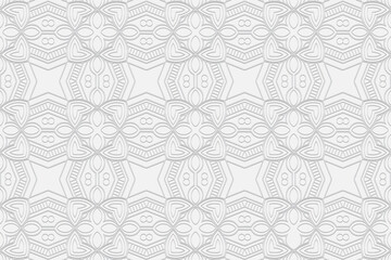 3d volumetric convex embossed geometric white background. Ethnic beautiful oriental, asian, indian pattern with decorative handmade elements. Doodling technique.