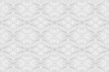 3d volumetric convex embossed geometric white background. Ethnic beautiful oriental, asian, indian pattern with handmade abstract elements. Doodling technique.