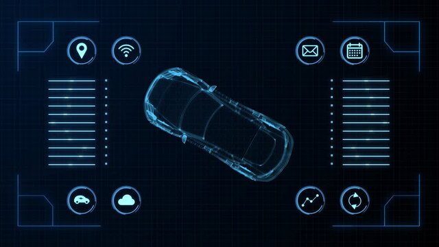 Electric vehicle Hologram Auto HUD UI Animation. Futuristic car Auto service, scanning auto data analysis. Modern Design, Diagnostic Auto. Virtual Graphical Interface. technology automobile industry.