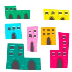 Illustration of seven colorful houses