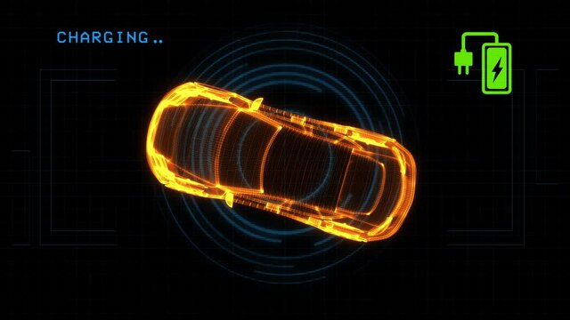 Hologram Futuristic Wireframe Auto Car Service Background Animation. HUD Cars Infographic Analysis User Interface. Hybrid Charge Battery Environment Friendly Innovative Technology Automobile Industry.