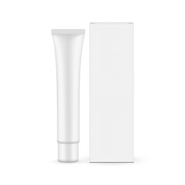 Small Plastic Cosmetic Tube with Box Mockup, Front View, Isolated on White Background. Vector Illustration