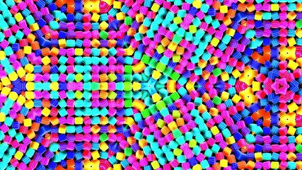Obraz premium 3d render. Abstract background with symmetrical structures like kaleidoscope with lighting bulbs, multicolor neon lights. Geometric dark background with 3d objects
