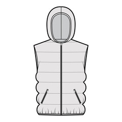 Hooded Down vest puffer waistcoat technical fashion illustration with sleeveless, loose fit, hip length, classic quilting. Flat template front, grey color style. Women, men, unisex top CAD mockup