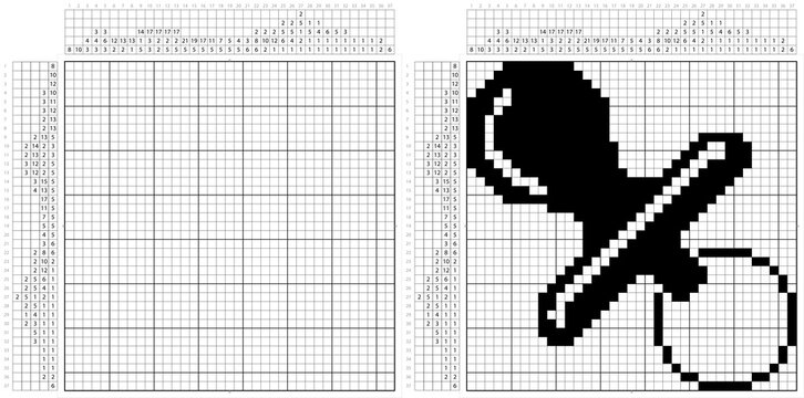 Baby Pacifier Nonogram Pixel Art, Logic Puzzle Game Griddlers, Pic-A-Pix, Picture Paint By Numbers, Picross, Nipple, Binky, Soother