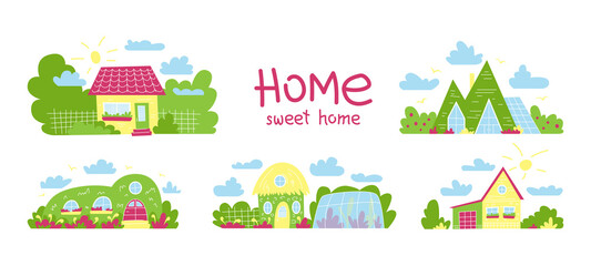 Vector set with illustrations of different houses. Elements for children's illustration. Isolated vector illustration.