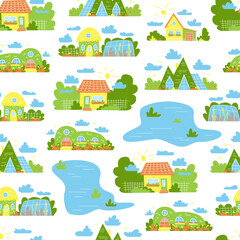 Obraz premium Children's seamless pattern with cute houses. Countryside and houses. Nature. Background for textiles, children's area