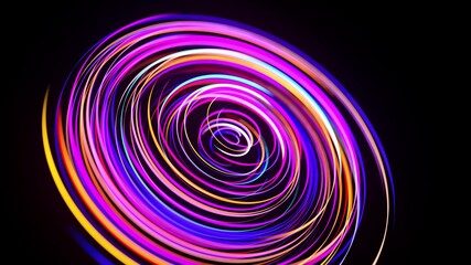 Motion graphics, sci-fi bg. Stream of multicolor neon lines form spiral shape, curls and pattern. Abstract background with light trails, Modern trendy motion design bg. Light flow bg. 3d render