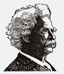 Portrait of Mark Twain, historic American writer in profile view