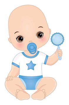 Vector Cute Baby Boy with Rattle and Pacifier