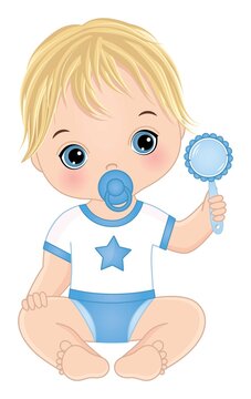 Vector Cute Baby Baby Boy with Blond Hair and Blue Eyes Holding Rattle